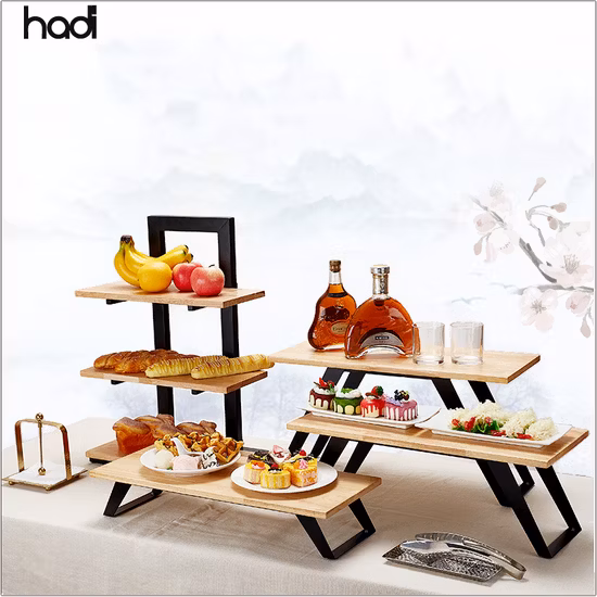 Equipamento de exibição de buffet de apresentação de alimentos Gold Decorative Afternoon Presentoir Bolo Jogo de chá Bandeja de servir de madeira de luxo com suporte