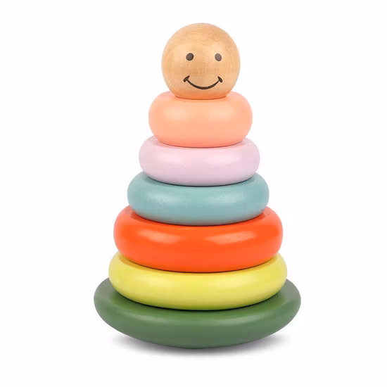 Brinquedos criativos de madeira colorida com rosto sorridente em forma de torre de balanço