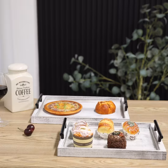 Utensílios de mesa de madeira redondos quadrados servindo bandejas de café com alça conjunto de 2 bandejas de suporte de madeira